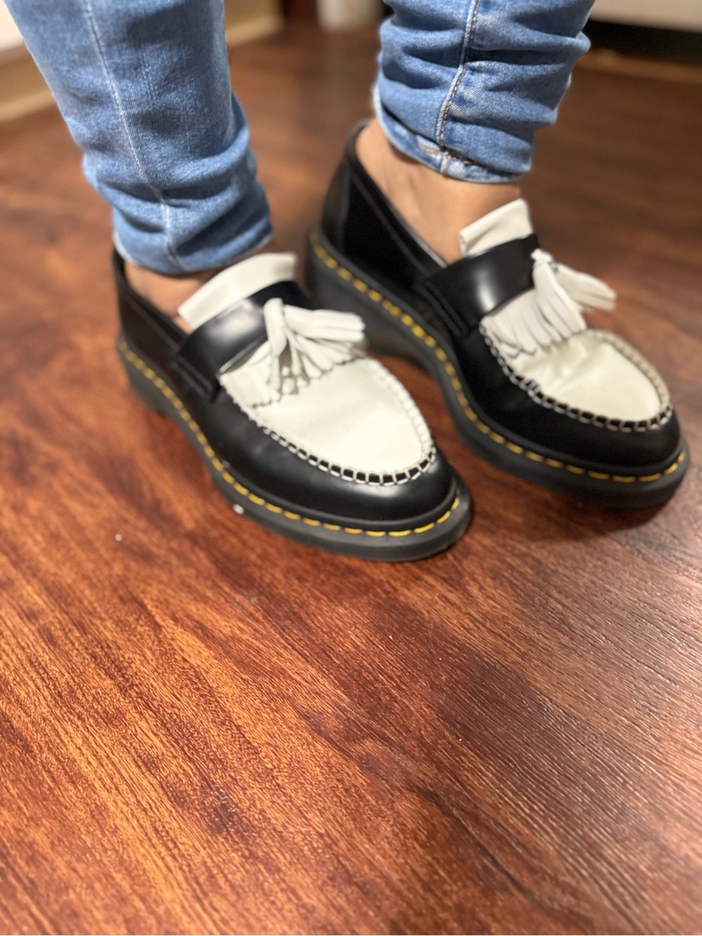 Dr. Martens Black and White Kiltie Tassel Loafers